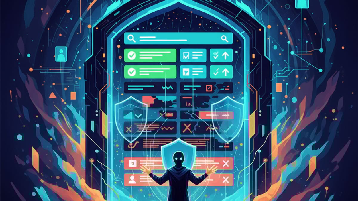 Illustration of a figure before a digital screen with checkmarks and shields, symbolizing cybersecurity.