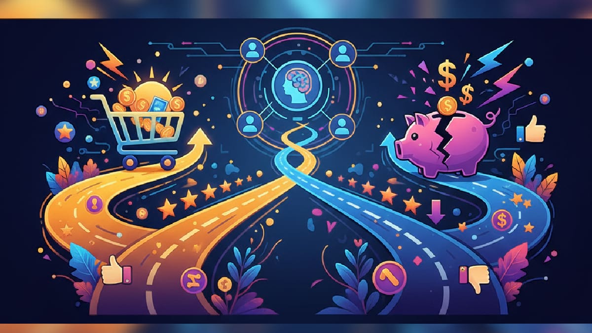 Illustration of two diverging roads representing choices between spending and saving.