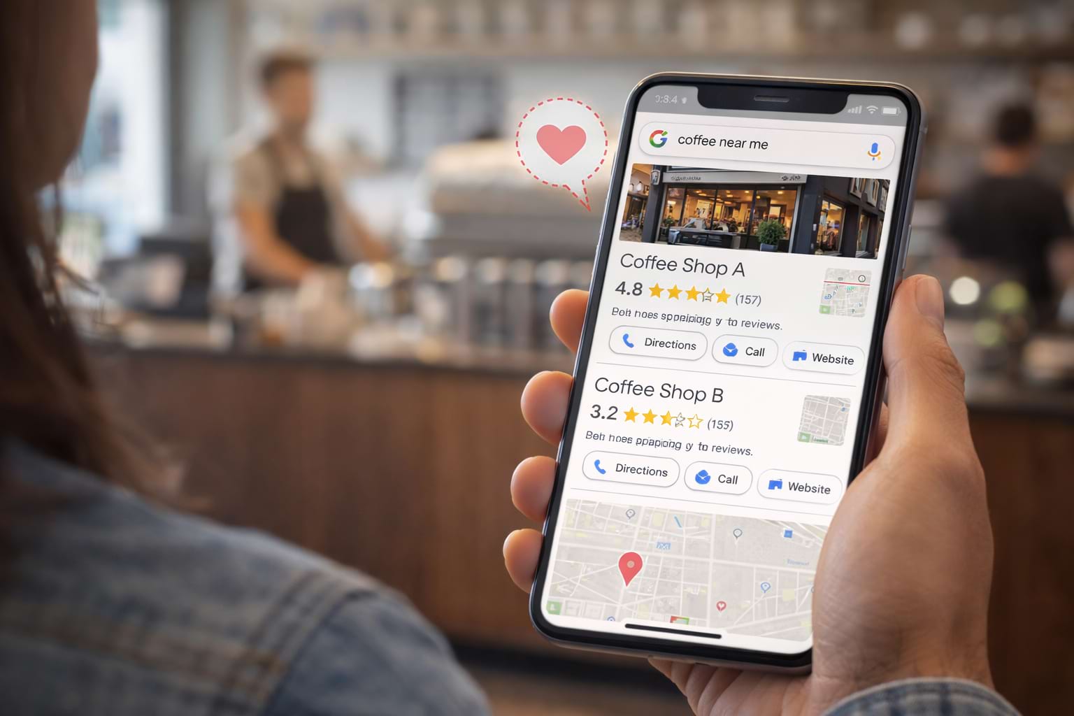 A person holds a smartphone showing search results for "coffee near me" with ratings for two coffee shops. A pink heart icon suggests affection.