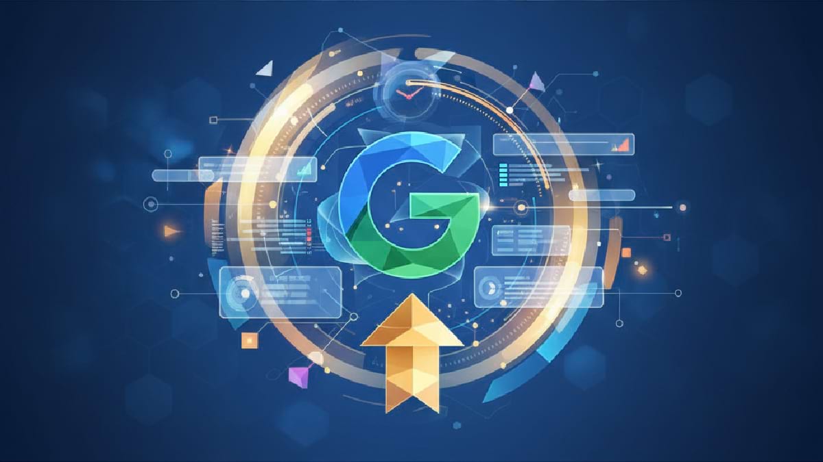 Abstract digital art featuring a polygonal Google "G" surrounded by data charts and a golden upward arrow, symbolizing growth and technological advancement.