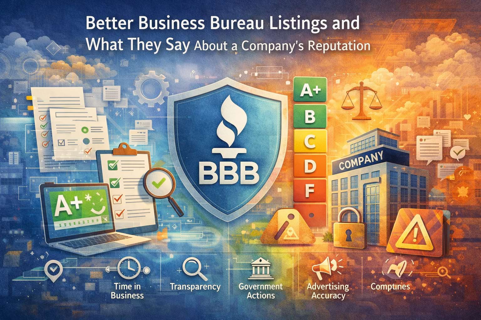Better Business Bureau ratings reveal a company's complaint history, trust signals, and credibility.