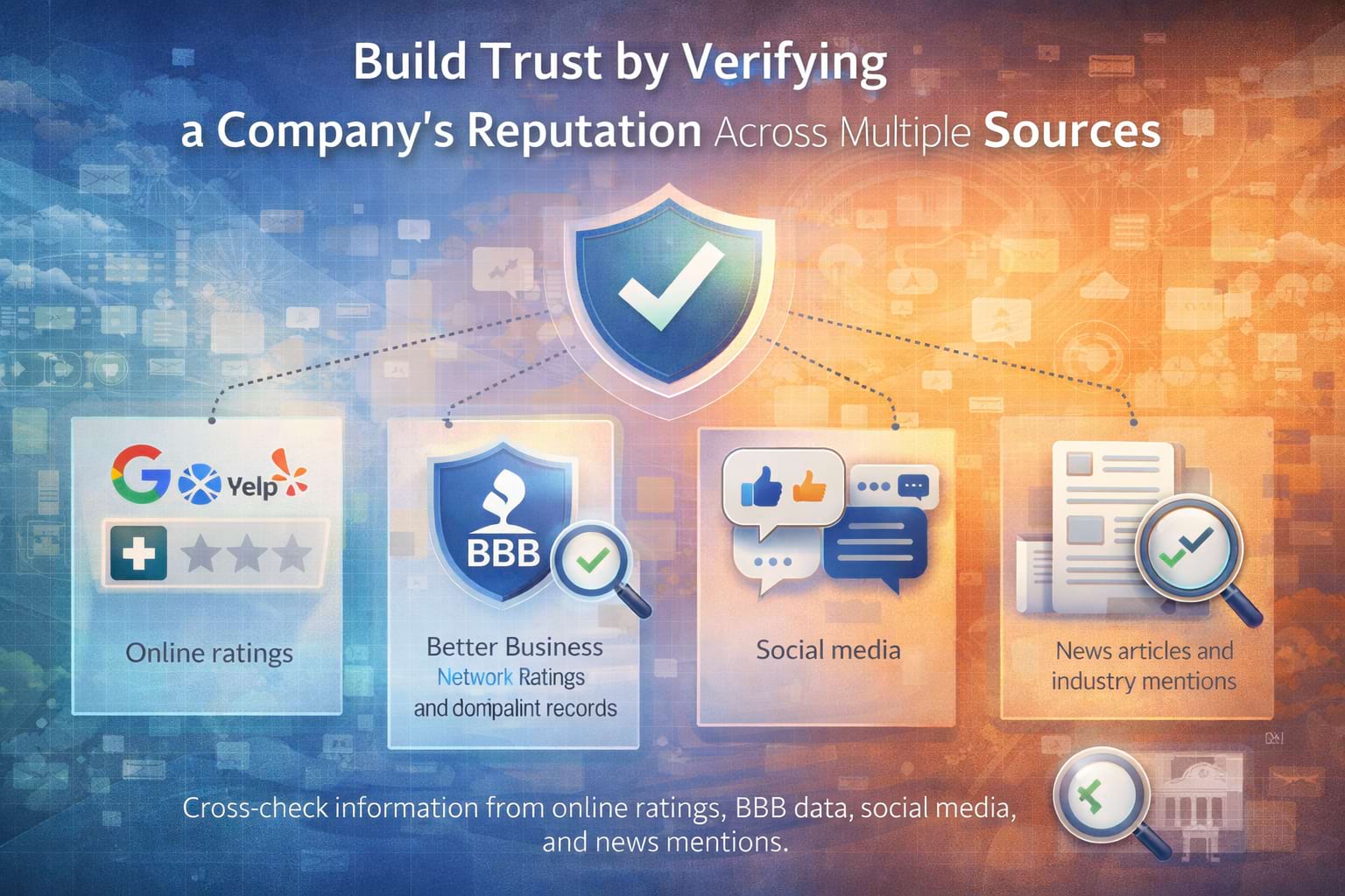 Verify company reputation by cross-checking reviews, ratings, social media, and public records.