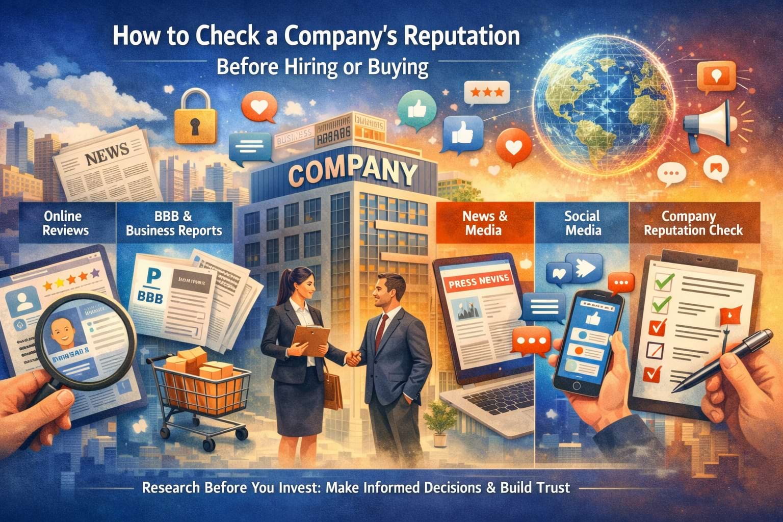 Check a brand’s reputation using reviews, ratings, social media, and public records.