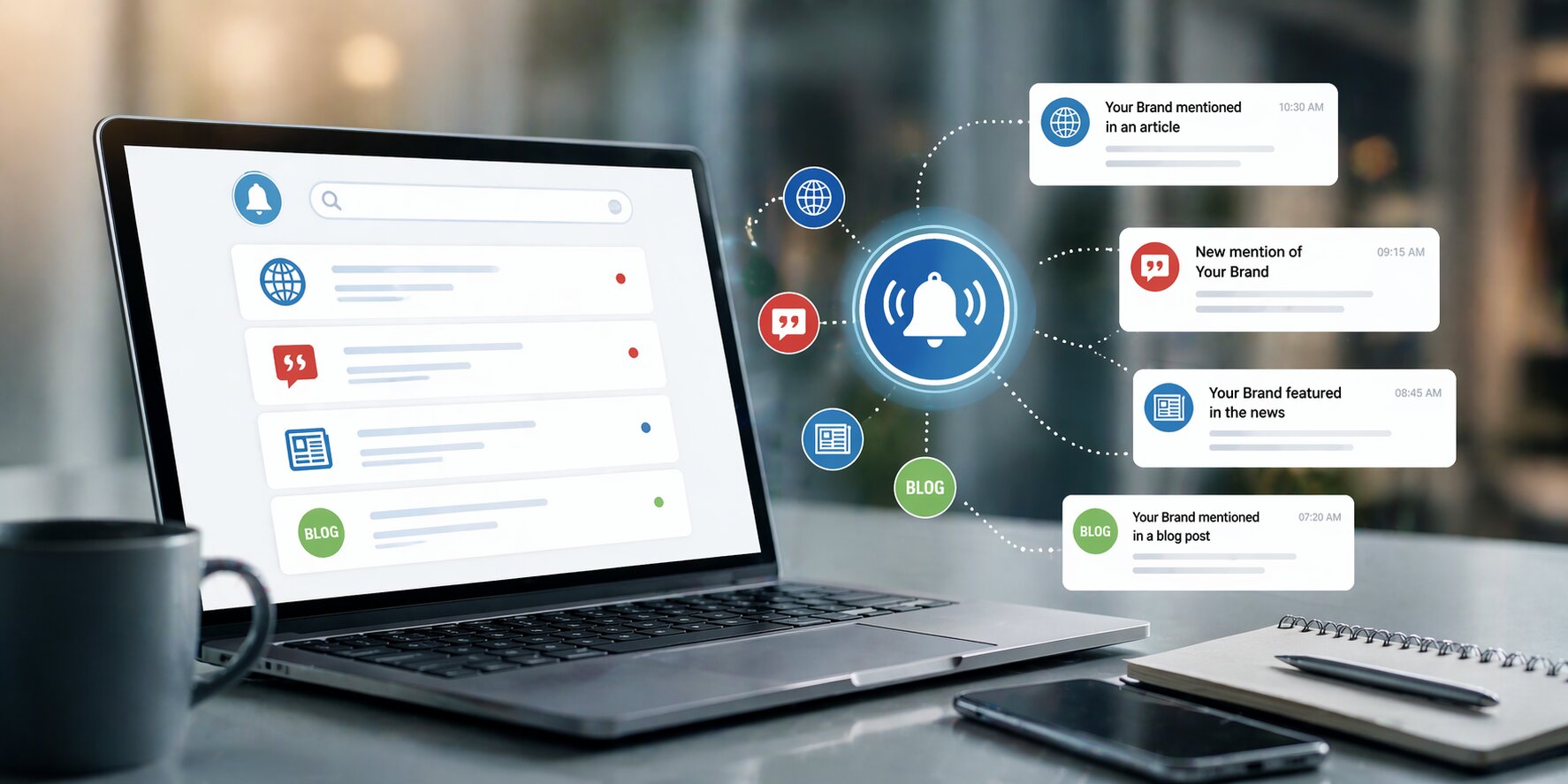 Google Alerts tracks brand mentions, enabling real-time monitoring and faster reputation response.
