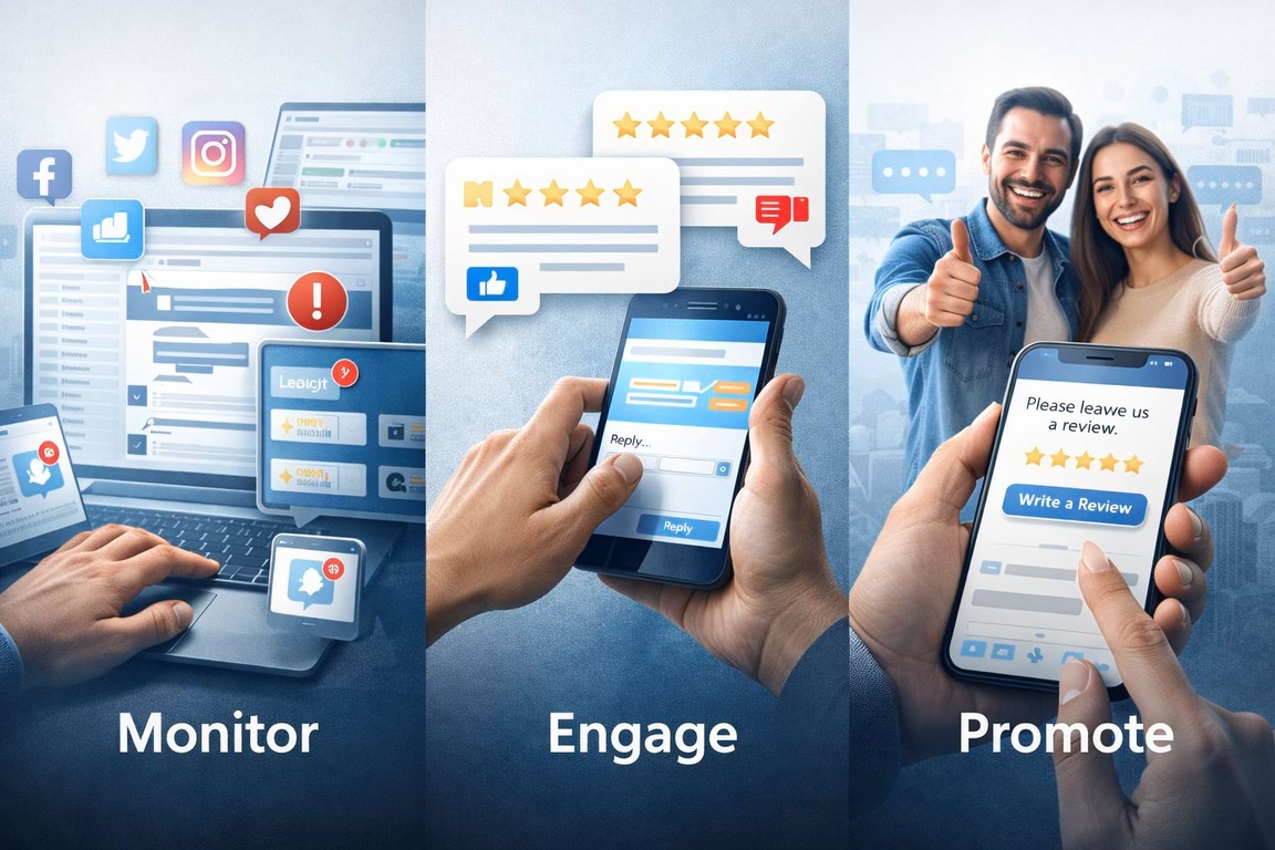 Start managing online reputation with monitoring, responding to reviews, and generating positive feedback.