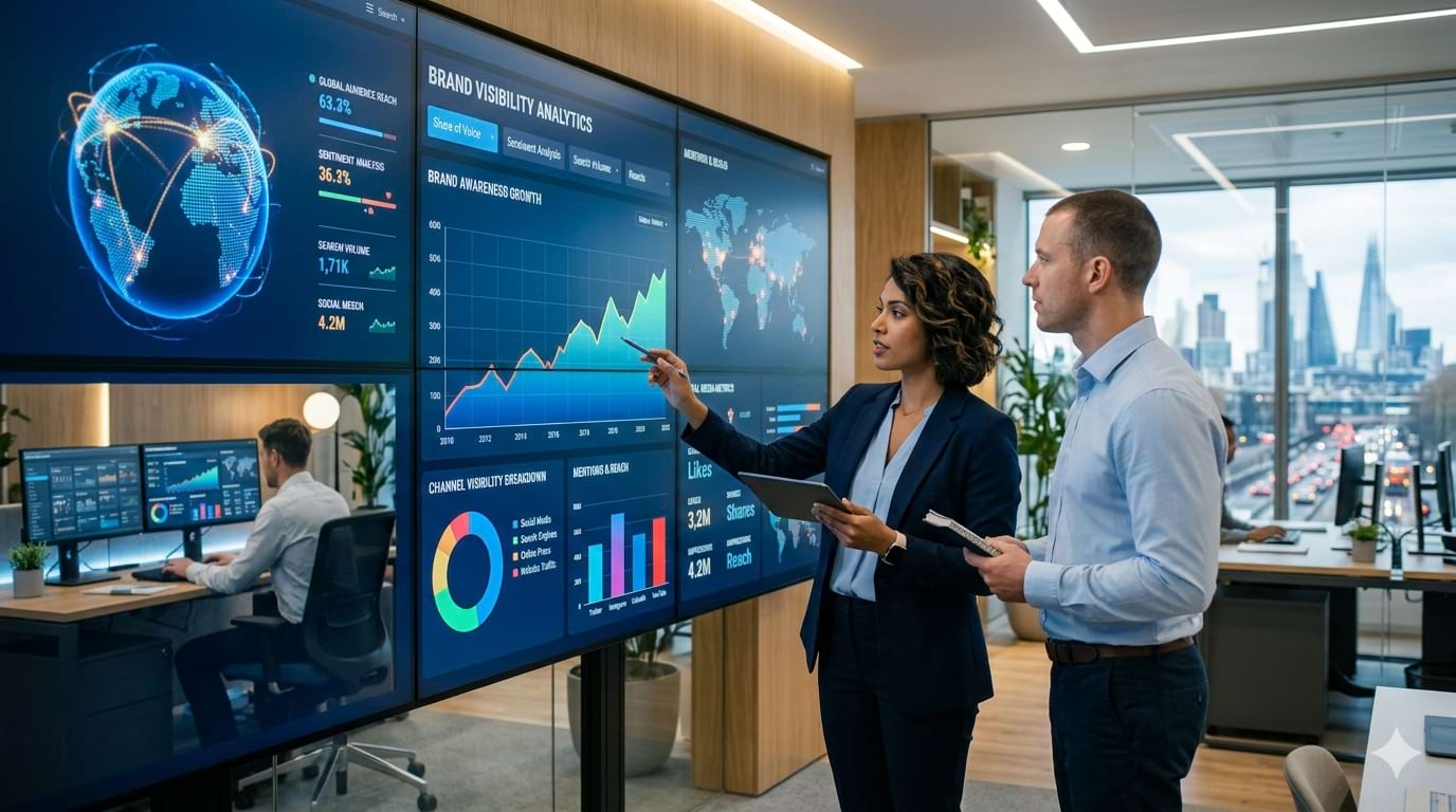 Measuring brand visibility tracks reach across search, social media, and digital channels.