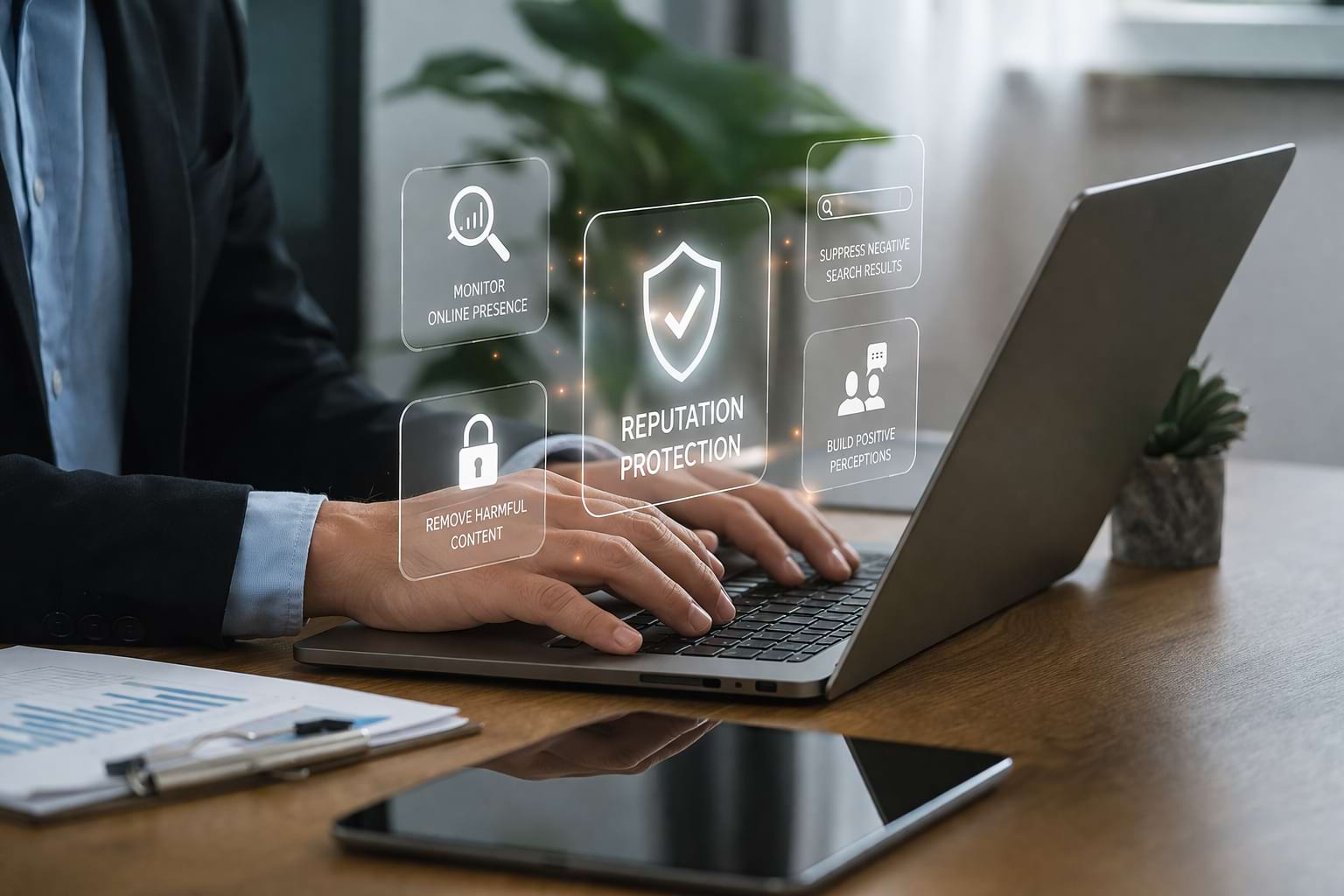 Credibility challenges are addressed through SEO, monitoring, content suppression, and data removal strategies.