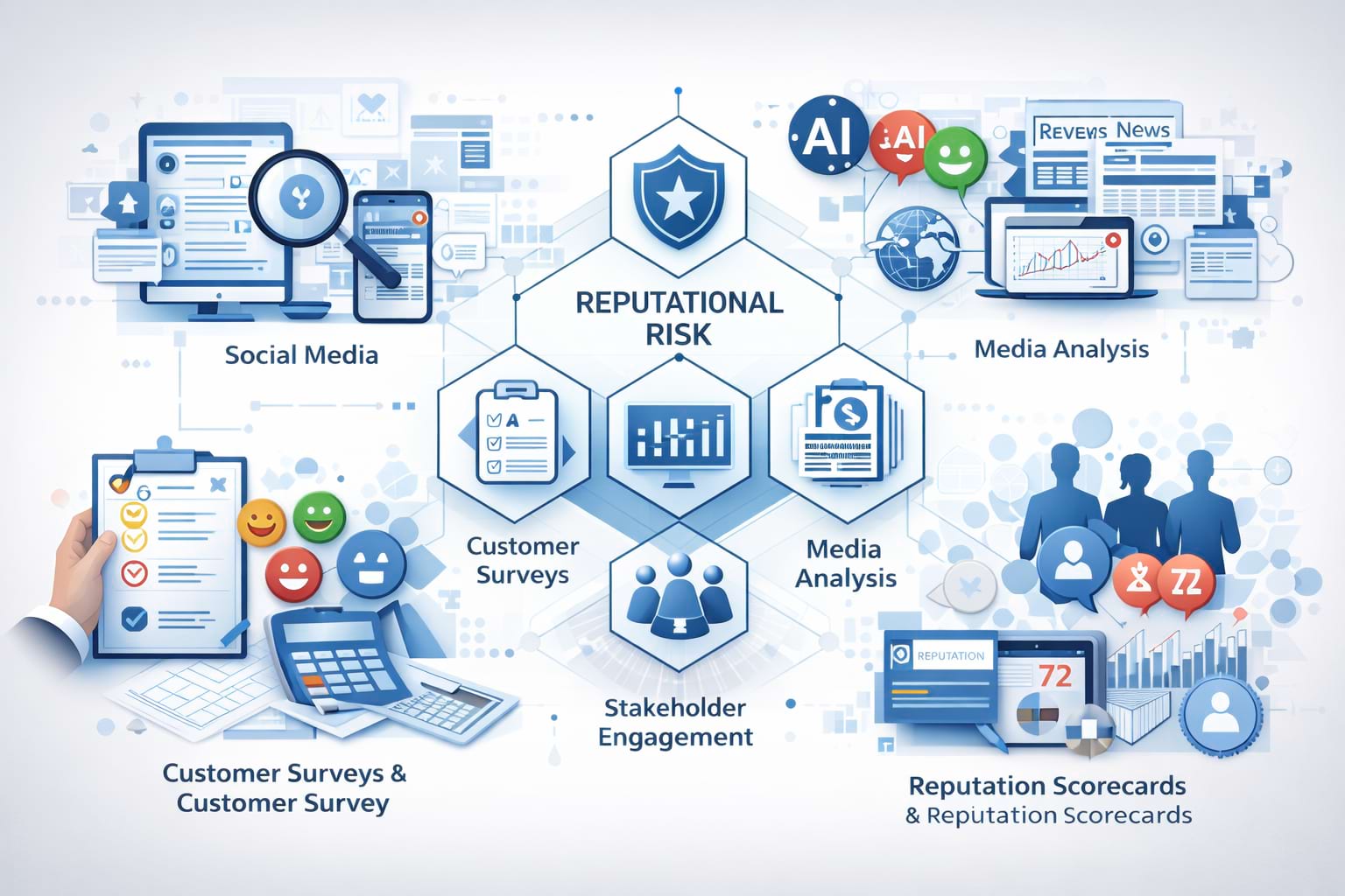 Reputational risk measurement uses monitoring, surveys, media analysis, and scorecards for insights.