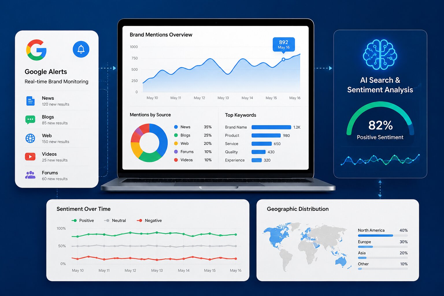 Google Alerts and AI search help monitor brand mentions, track sentiment, and support proactive reputation management.