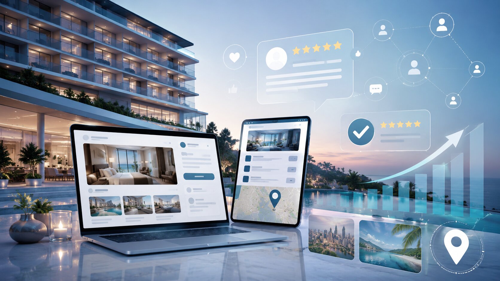 Hotel digital marketing increases direct bookings by promoting guest reviews, social media visibility, and local attractions.