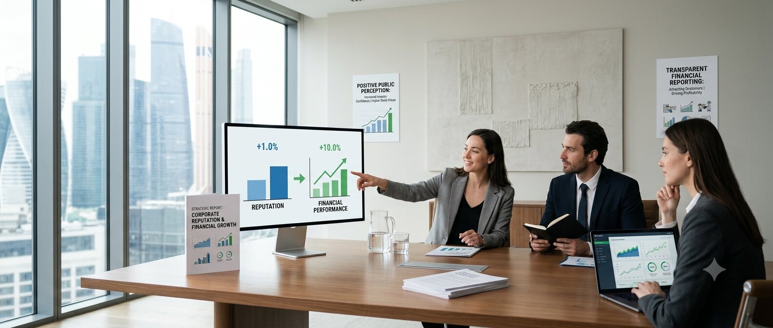 A business dashboard displaying strong corporate reputation metrics alongside rising stock prices and positive financial performance trends. A business dashboard displaying strong corporate reputation metrics alongside rising stock prices and positive financial performance trends.