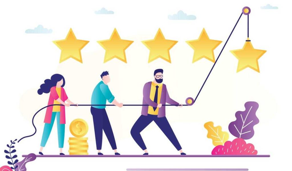 People use rope and raise star. Review banner concept, testimonials. Teamwork, people vote or rate. Clients feedback. Business quality People use rope and raise star. Review banner concept, testimonials. Teamwork, people vote or rate. Clients feedback. Business quality, five stars rating. Trendy flat vector illustration