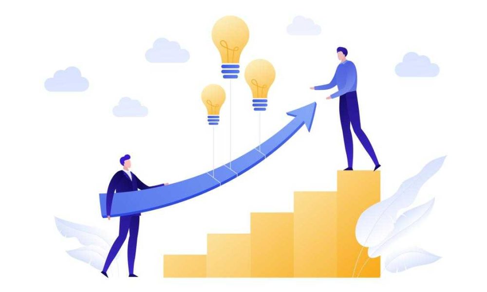 Business idea concept illustration. Team of businessman holding arrow with balloon lightbulb. Vector flat business idea people illustration. Team of businessman holding arrow with balloon lightbulb. Concept of innovation, growth, technology. Design element for banner, poster, infographic