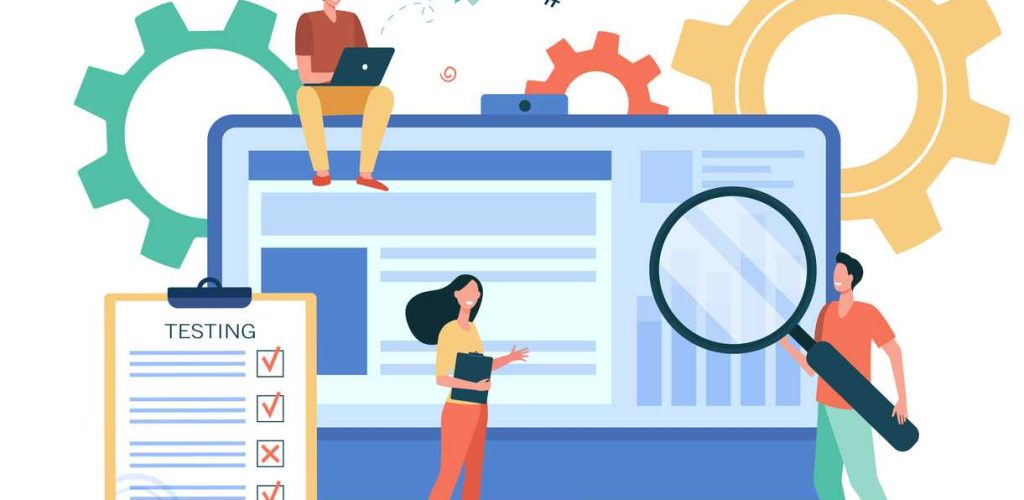 Tiny people testing quality assurance in software Tiny people testing quality assurance in software isolated flat vector illustration. Cartoon character fixing bugs in hardware device. Application test and IT service concept