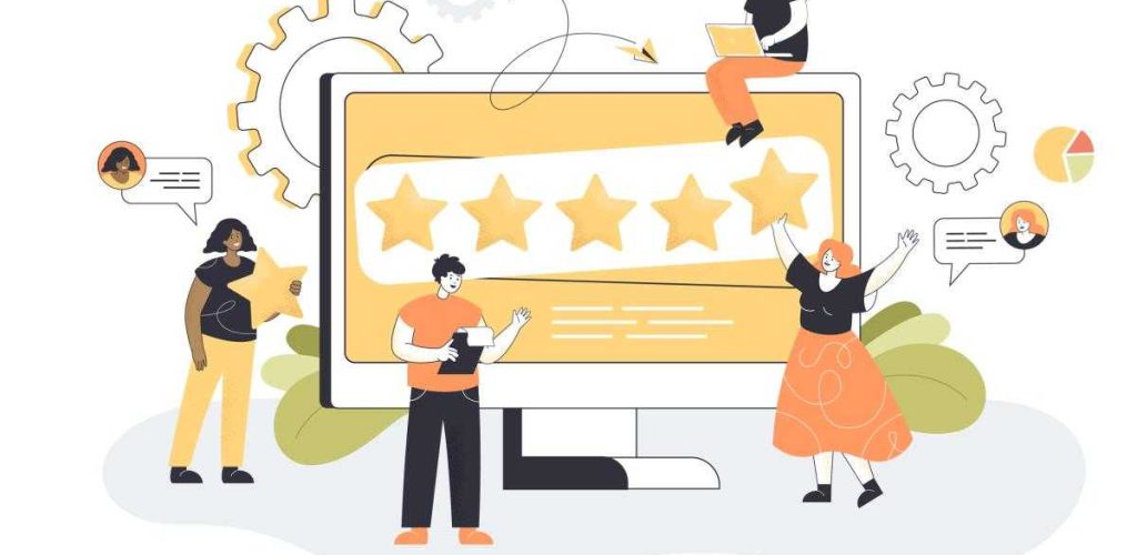 Cartoon people sharing brand insights on social media Cartoon people sharing brand insights on social media. Company with good reputation, SEO analytics flat vector illustration. Brand management, marketing concept for banner or landing web page